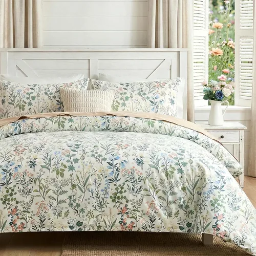 Vista 26 de Juego de edredón floral azul tamaño Queen, juego de ropa de cama botánica azul 100% algodón, edredón suave transpirable de 3 piezas y 2 fundas