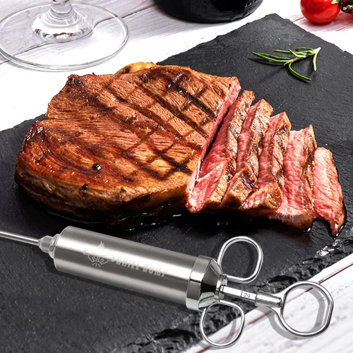 Vista 6 de Grill Bump Kit de jeringa para inyector de carne para ahumador con inyector de alimentos de 3 sabores, agujas de carne, adobos de inyección