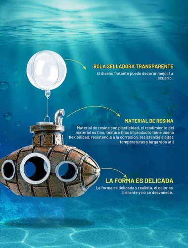 Vista 2 de Decoración Flotante para Tanque de Peces, Pequeño y Lindo Acuario Retro de Submarino con Dos Bolas Flotantes, Accesorio de Tanque de Peces
