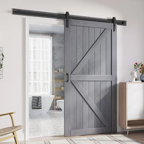 Vista 10 de FREDBECK Puertas dobles grises de 24 x 84 pulgadas, puerta de granero de 48 pulgadas con kit de herrajes para puerta de granero de 8 pies incluido