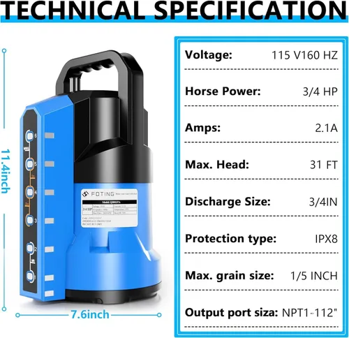 Vista 2 de FOTING Bomba de sumidero 3/4HP Bomba de agua sumergible automática de 4 modos, 2400 GPH termoplástica eléctrica portátil bomba de agua