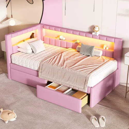 Vista 12 de Cama de plataforma tapizada de tamaño individual con puertos USB y luces LED, sofá cama con nido y cabecera en forma de L, cama esquinera suave