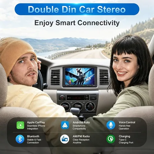 Vista 9 de Estéreo de coche doble DIN inalámbrico Apple CarPlay Android Auto, radio doble DIN de 7 pulgadas con Bluetooth, enlace de espejo, cámara de visión