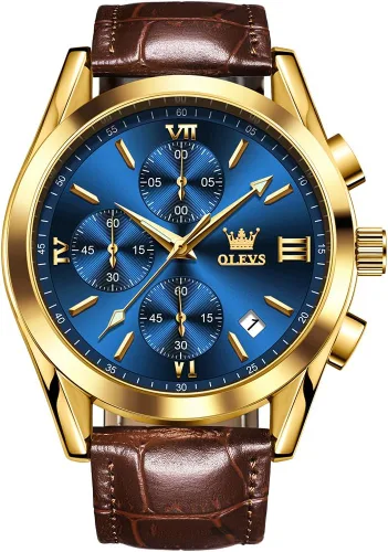 Vista 16 de OLEVS Watch for Men Chronograph Brown Leather Analog Quartz Fashion Business Dress Large Face Men Watch Day Date Luminous Waterproof Casual Male