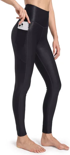 Vista 2 de HARTPOR Leggings de piel sintética para mujer, pantalones de yoga elásticos de cintura alta, pantalones de piel sintética con bolsillos