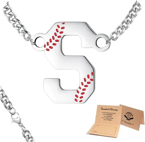 Vista 13 de QINJIEJIE Collar de béisbol inicial A-Z con letras, accesorios deportivos, colgante de encanto de béisbol, joyería de cadena de acero inoxidable 2-P