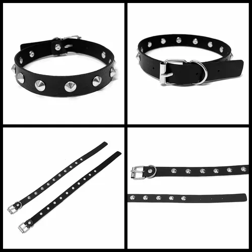 Vista 3 de Gargantilla y pulseras con tachuelas de pirámide para hombres y mujeres, pulsera de cuero de los años 80, juego de brazaletes de pulsera - Punk Rock