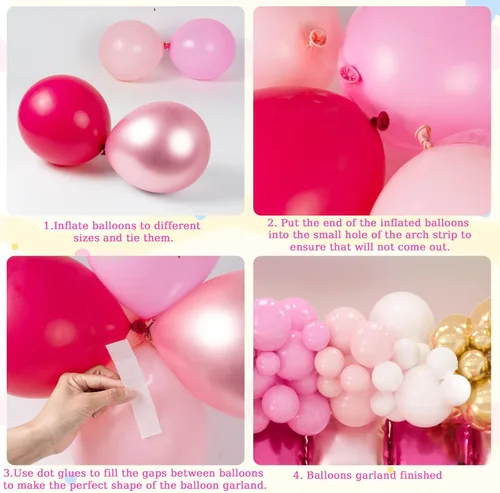 Vista 5 de 36 globos rosa intenso de papel aluminio cuadrados de doble cara para decoración de pared con kit de arco de 188 globos rosa y globos de mylar
