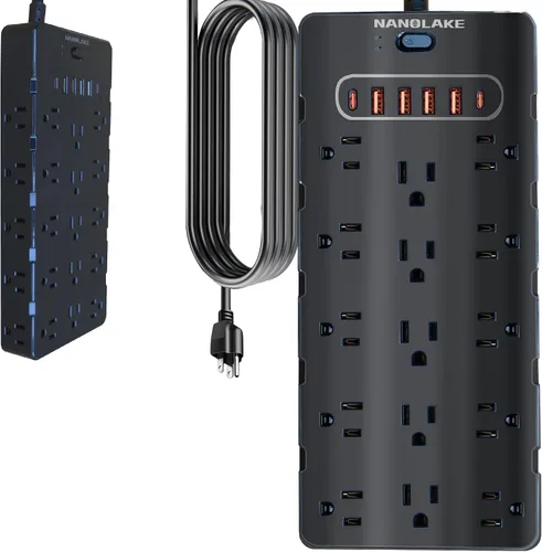 Vista 10 de Regleta de Alimentación de Protección contra Sobretensiones de Servicio Pesado - 25 Tomas de CA, 6 Puertos USB, Protección 4000J, Cable de Extensión