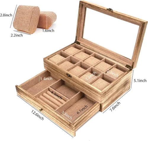 Vista 6 de Emfogo Caja de reloj funda de reloj con 10 ranuras para hombres y mujeres soporte de reloj de madera para hombres regalo para novio día del padre
