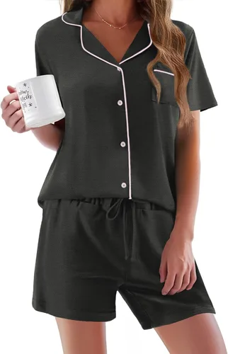 Vista 28 de Ekouaer - Conjunto de pijamas de manga corta para mujer, con botones, suave, 2 piezas, conjuntos de descanso, tallas XS-XXXL Verde Aqua