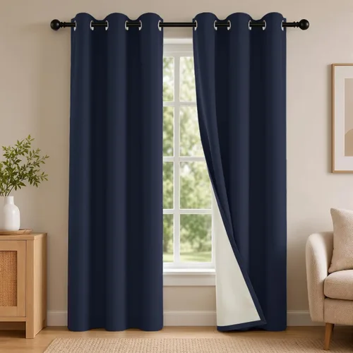 Vista 19 de 2 paneles de cortinas 100% opacas, de peso medio, con aislamiento térmico y ojales para dormitorio, sala de estar, tratamiento de ventana