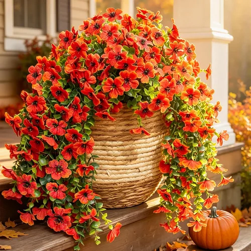 Vista 8 de Flores artificiales colgantes de imitación para decoración exterior de otoño, 2 piezas de violetas de seda falsas con eucalipto, resistentes a
