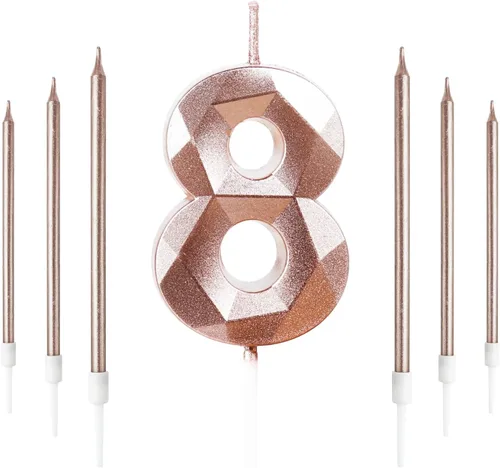 Vista 12 de Vela rosa de cumpleaños número 1 con 6 velas largas, decoraciones de decoración de pastel para fiesta de niña de 1 año, suministros de celebración