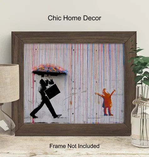 Vista 2 de Banksy Child in the Rain Graffiti Street Art - Imagen original de 8 x 10 pulgadas, regalo único y elegante para fanáticos de los murales urbanos