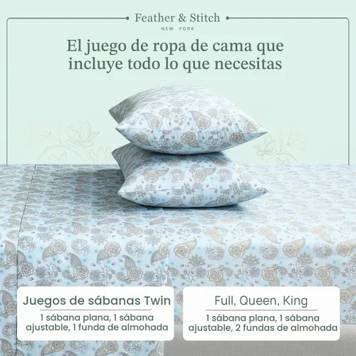 Vista 4 de Feather & Stitch - Juego de sábanas de 100 % algodón más suaves, ropa de cama de tejido percal de 300 hilos, bolsillo profundo de 16 pulgadas