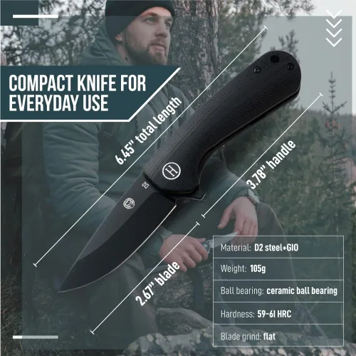 Vista 5 de Holtzman's Gorilla Survival Cuchillo plegable campesino con mango táctico G10, hoja de acero D2, juego de caja de regalo (negro) - Ideal para llevar
