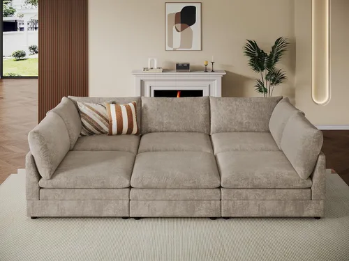 Vista 35 de VANOMi Sofá modular modular en forma de L de 98 pulgadas con otomana Beige