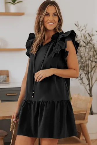 Vista 4 de Dokotoo Vestido corto de verano para mujer con cuello en V, cordón y volantes, manga corta, bolsillos laterales, mini vestido de verano