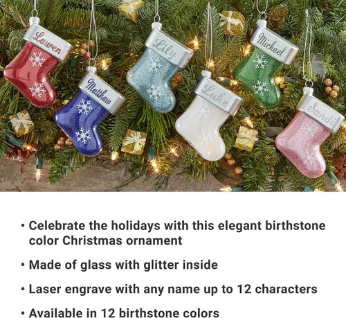 Vista 3 de Let's Make Memories Adorno de Navidad personalizado, cristal con forma de calcetín con purpurina, nombre grabado con láser, tono de joya, adorno