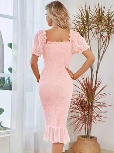 Vista 6 de SENFURE Vestido de verano para mujer, estilo casual, por debajo de la rodilla, fruncido, manga abombada, cuello cuadrado, volantes, vestido