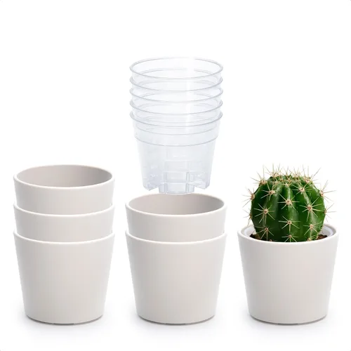 Vista 45 de Phoenix Vine Macetero de plástico verde oliva de 4.5 pulgadas con maceta transparente, cubierta decorativa ligera con maceta interior transparente