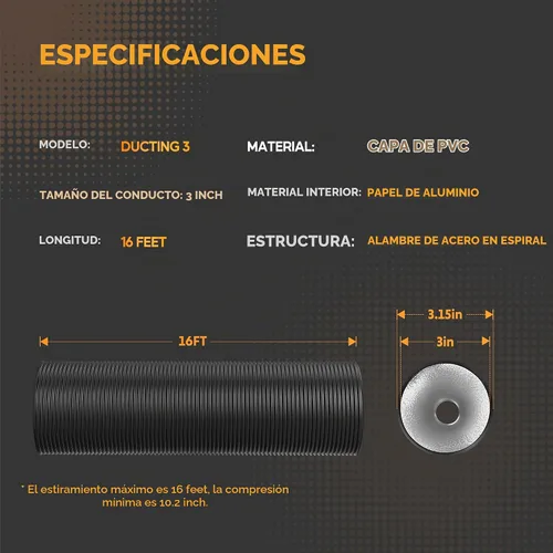 Vista 2 de HealSmart Conducto de Aluminio Flexible de 3" 16 Pies, Protección de Cuatro Capas de Servicio Pesado con 2 Abrazaderas de Conducto, Manguera