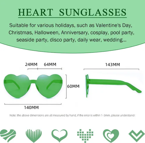 Vista 2 de 12 lentes de sol con forma de corazón, sin marco, transparentes, con forma de corazón, para mujeres, paquete de lentes de sol divertidos (12 verde)