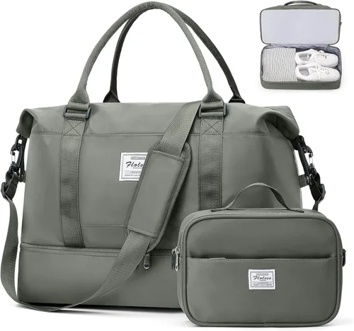Vista 7 de Bolsas de fin de semana para mujer, bolsas de lona de viaje con compartimento para zapatos, bolsa de viaje para artículos personales, bolsa de fin