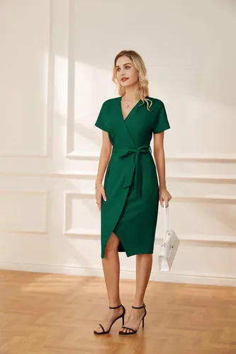 Vista 7 de GRACE KARIN Vestido de negocios de manga corta con cuello en V para mujer, con lazo en la cintura, vestido de cóctel con abertura, vestido midi