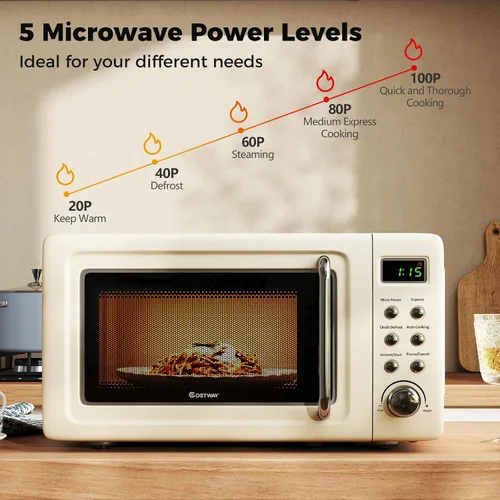 Vista 2 de COSTWAY horno microondas de encimera, 0.7 pies cúbicos, hornos microondas con 5 niveles de micro potencia, función de inicio diferido, plato