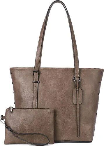 Vista 8 de KL928 Bolso de mano para mujer, bolso de mano de piel sintética, bolso de hombro grande, asa superior, monederos, juego de 2 piezas
