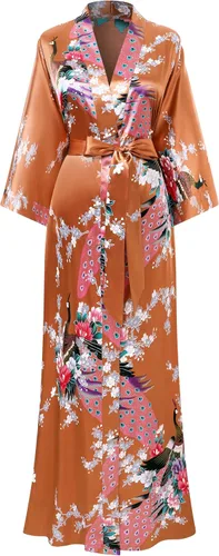 Vista 19 de BABEYOND Bata tipo kimono para mujer, bata larga de satén con estampado de pavo real y flores Verde