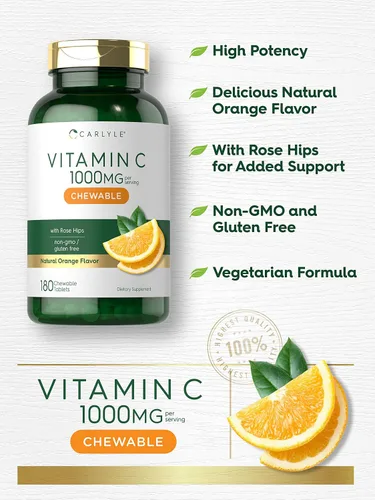 Vista 3 de Carlyle Masticables de vitamina C 1000 mg 180 tabletas Vegetariano, sin OMG, suplemento sin gluten