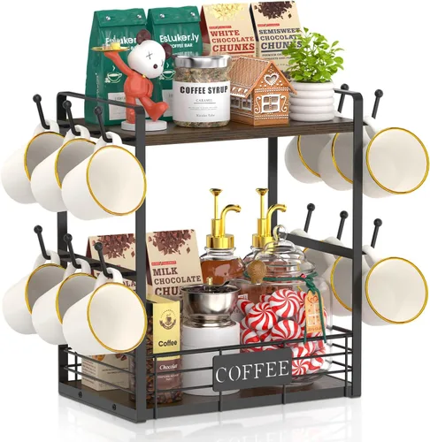 Vista 9 de EsLuker.ly Soporte para tazas de café, organizador de estación de barra de árbol, soporte para tazas de 2 niveles para encimera de cocina, estante