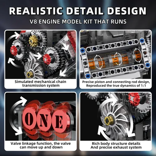 Vista 5 de Juego de construcción de motor V8, kit de modelo de motor V8 que funciona, construye tu propio kit de motor STEM Mini V8 con batería y motor, motor
