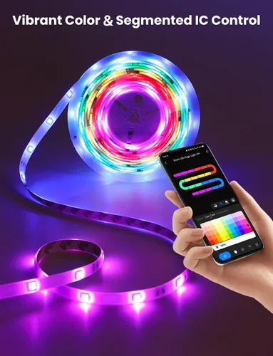 Vista 4 de Tira de luz LED RGB+IC, luz LED inteligente de 32.8 pies para dormitorio, control de aplicación Bluetooth, tira de iluminación LED que cambia