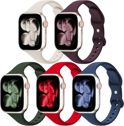 Vista 20 de Paquete de 5 bandas de silicona delgadas compatibles con Apple Watch de 38mm 42mm 40mm 44mm 41mm 45mm 46mm 49mm, correa deportiva estrecha y delgada