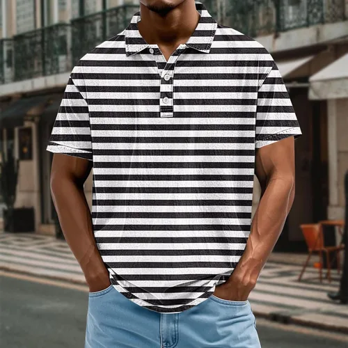 Vista 2 de Camisa polo de manga corta para hombre, camiseta de golf a rayas, de manga corta, para vacaciones, casual, cuello en V, camiseta de verano
