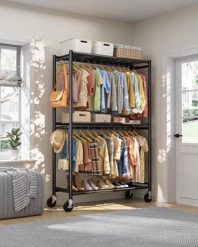 Vista 8 de Sakugi Perchero para ropa – Perchero doble para colgar ropa con ruedas y pies niveladores, armario de gran capacidad con estantes para dormitorio