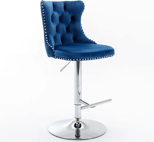 Vista 5 de Taburete de bar giratorio ajustable de altura de mostrador, silla de bar tapizada de terciopelo con base cromada con respaldo acolchonado