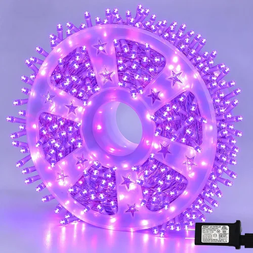 Vista 10 de Guirnalda de 1000 luces LED azules, luces de Navidad de 328 pies para exteriores, impermeables, con enchufe, alambre transparente, luces de árbol