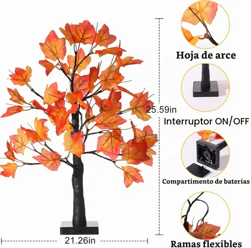 Vista 2 de Paquete de 2 árboles de arce iluminados de 20 pulgadas, 48 luces LED, árbol artificial de otoño para decoración de interiores de cosecha de Acción