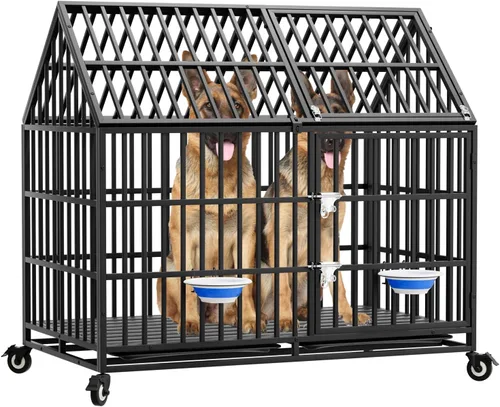 Vista 8 de Jaula indestructible para perros de 44 pulgadas, resistente y de alta ansiedad, a prueba de golpes, jaula de techo puntiaguda de metal para perros