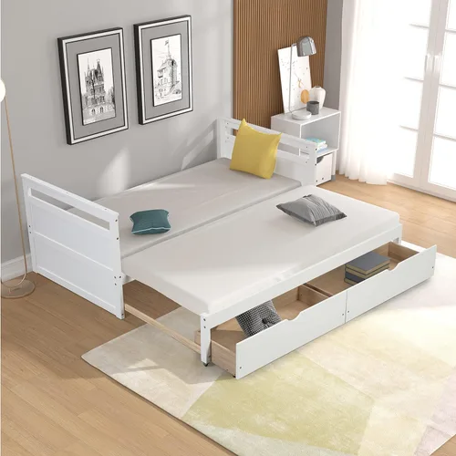 Vista 8 de Sofá cama individual con nido y cajones de almacenamiento, sofá cama extensible de madera con cama extraíble, sofá cama individual a king, ahorro