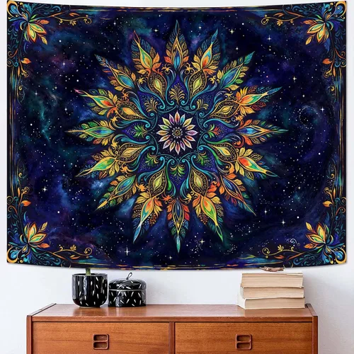 Vista 30 de Fowocu Tapiz bohemio con mandala floral para colgar en la pared, medallón de flores bohemias, tapiz estético, beige, naranja, hippie, indio, pequeño