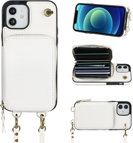Vista 13 de Bocasal Funda tipo cartera cruzada para iPhone 12/12 Pro, funda de piel con bloqueo RFID y soporte para tarjetas, funda protectora con cremallera
