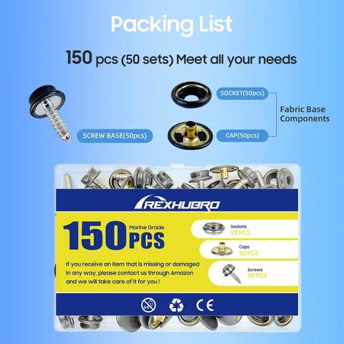 Vista 2 de Kit de broches de lona, broches de acero inoxidable de grado marino para cubierta de barco - Kit de broches para cubierta de barco de 3/8" broches