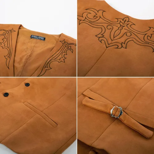 Vista 9 de Chaleco de traje de cuero de ante para hombre, chaleco bordado casual, ajustado, chaleco occidental