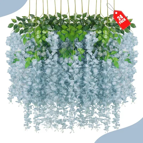 Vista 17 de Paquete de 12 flores colgantes de glicina rosa, flores colgantes falsas de 3.44 pies, guirnalda de glicina artificial para decoración de boda, telón